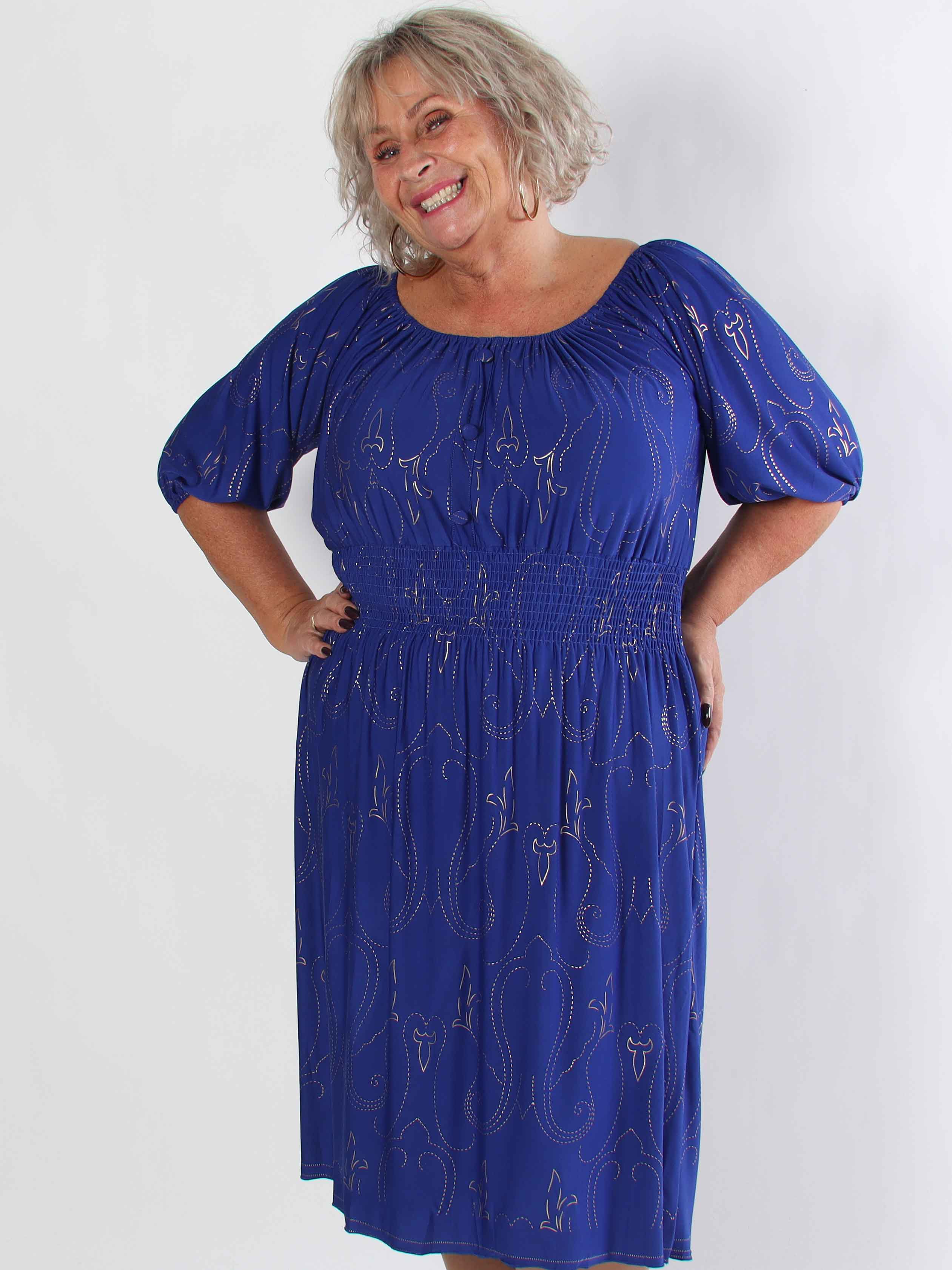 Cora Royal Gold Midi - Elastisk plus size kjole med guld print